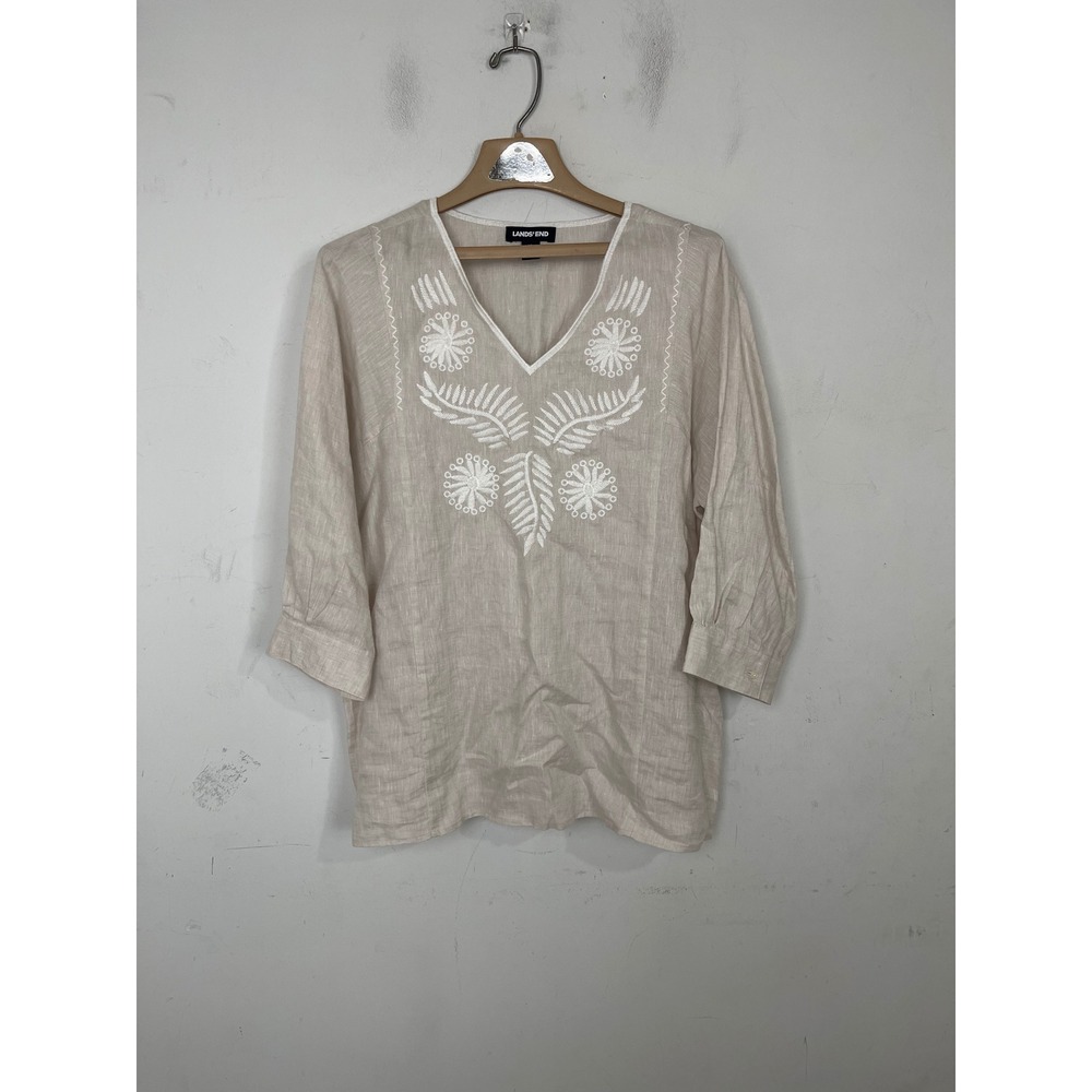 Lands' End Womens 100% Linen Embroidered V-Neck Tunic Top Beige Medium 10-12